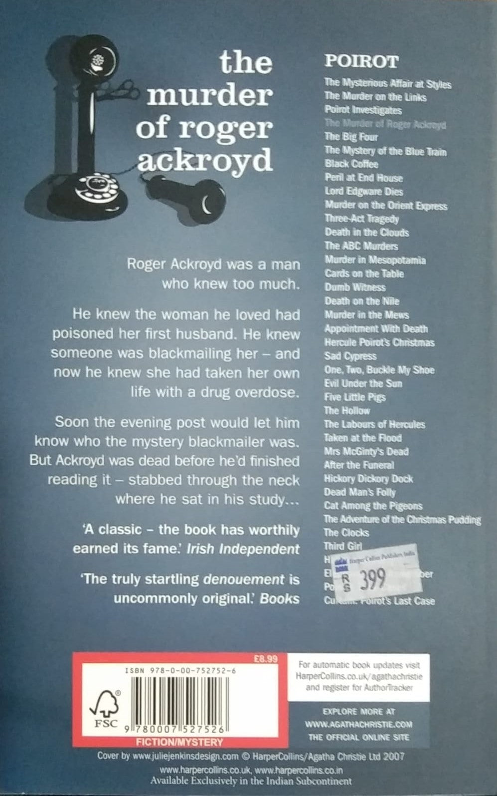 Title : The Murder of Roger Ackroyd, Mystery, Writer : Agathe Christie, Publisher : Prakash Books